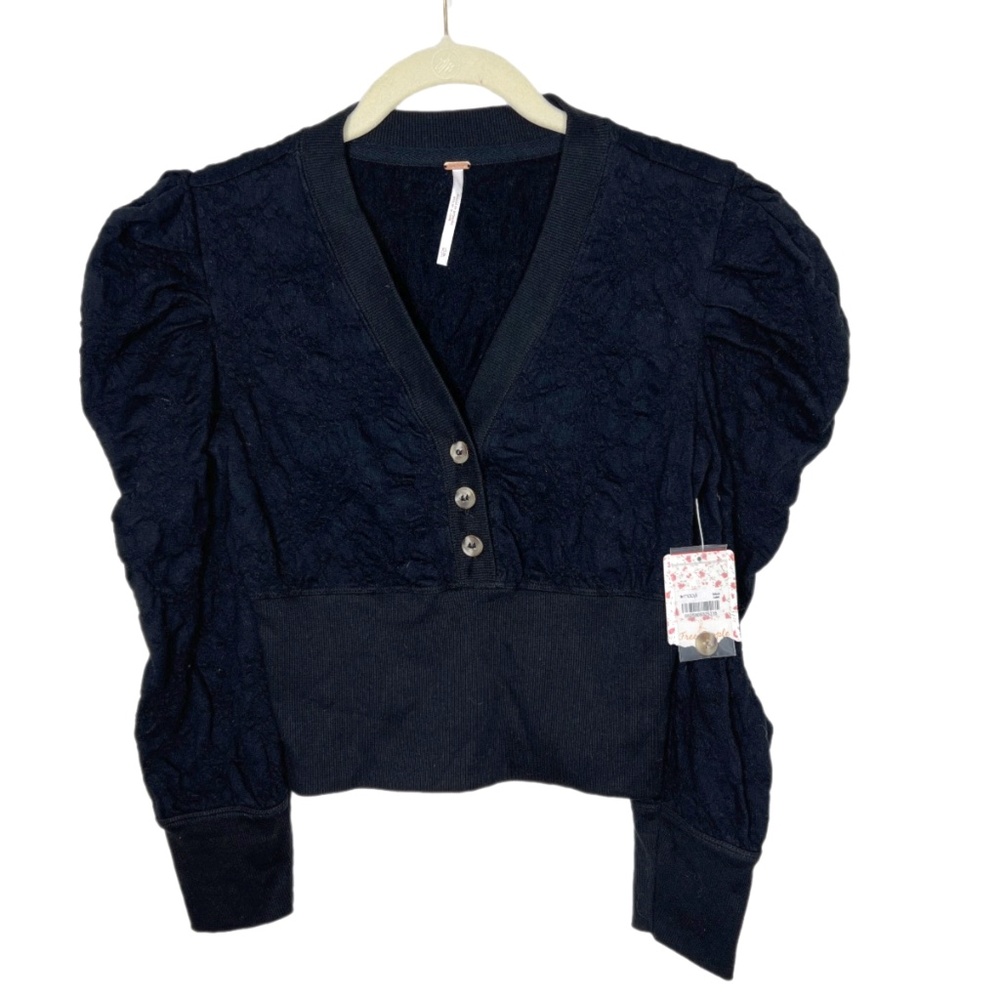 NWT Free People | Black Gemma Henley Blouse Ruched Shoulder Sleeve XS - Picture 15 of 15